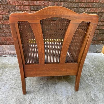 Vintage Wood & Cane Armchair w/ Mustard Velvet Cushion