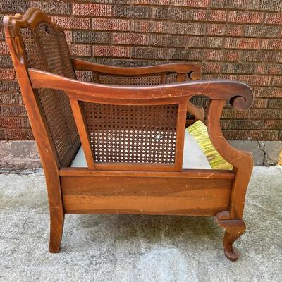 Vintage Wood & Cane Armchair w/ Mustard Velvet Cushion