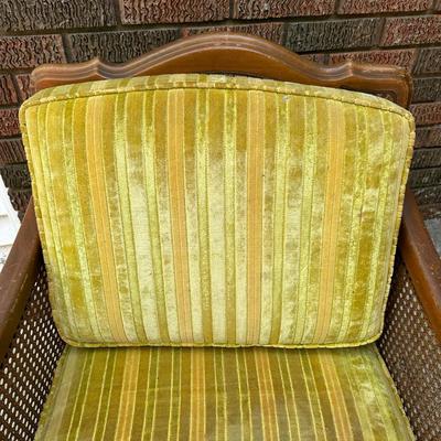 Vintage Wood & Cane Armchair w/ Mustard Velvet Cushion