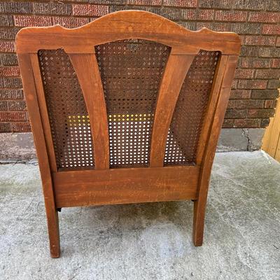 Vintage Wood & Cane Armchair w/ Mustard Velvet Cushion