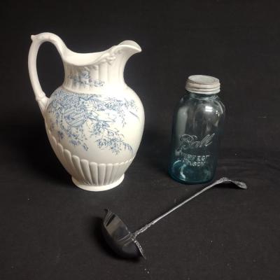 LARGE PITCHER, GREEN BALL CANNING JAR AND A SILVER PLATED LADLE