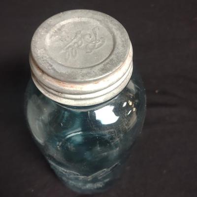 LARGE PITCHER, GREEN BALL CANNING JAR AND A SILVER PLATED LADLE
