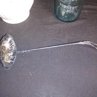 LARGE PITCHER, GREEN BALL CANNING JAR AND A SILVER PLATED LADLE