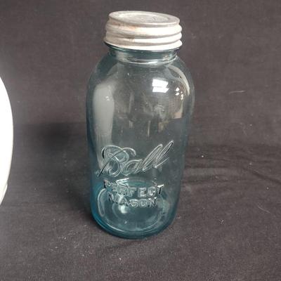 LARGE PITCHER, GREEN BALL CANNING JAR AND A SILVER PLATED LADLE