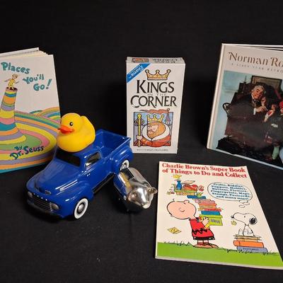 CERAMIC TRUCK, PIGGY BANK, BOOKS AND A GAME
