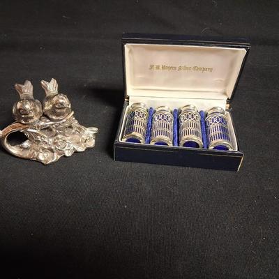 G W GLOVER SILVER PLATED SHAKERS AND A PAIR OF BIRDS IN A TREE SHAKERS