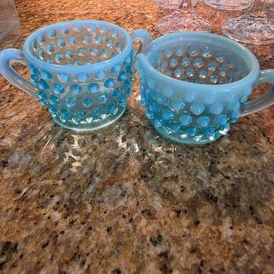 Fenton Blue Opalescent Cream and Sugar Set