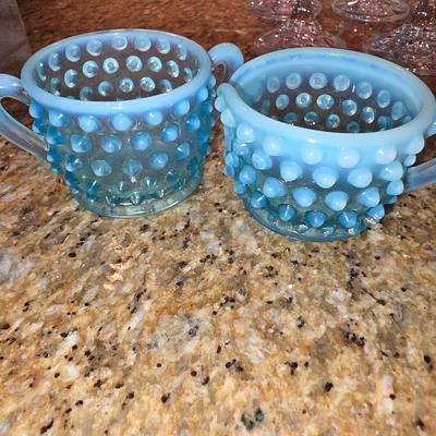 Fenton Blue Opalescent Cream and Sugar Set