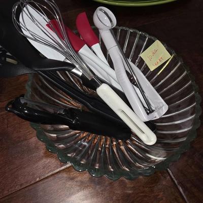 Glass bowl with cooking utensil lot