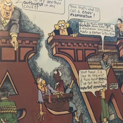 1981 Peter Mulcahy "LAW" Signed Framed Cartoon Print – Humorous Lawyer Satire Art
