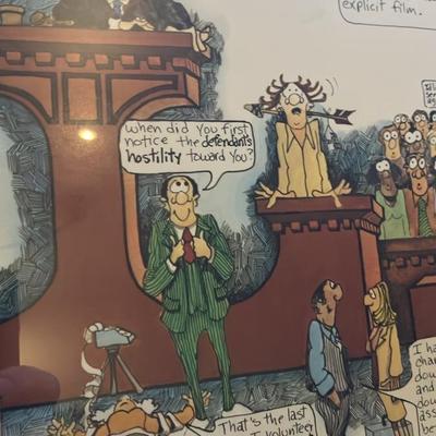 1981 Peter Mulcahy "LAW" Signed Framed Cartoon Print – Humorous Lawyer Satire Art