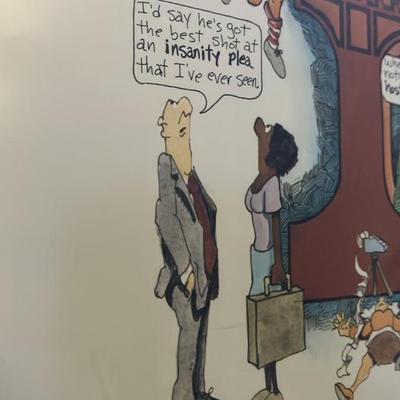 1981 Peter Mulcahy "LAW" Signed Framed Cartoon Print – Humorous Lawyer Satire Art