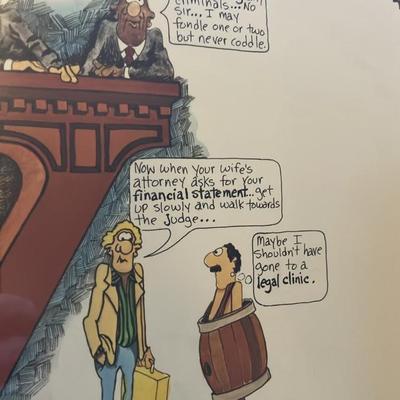 1981 Peter Mulcahy "LAW" Signed Framed Cartoon Print – Humorous Lawyer Satire Art