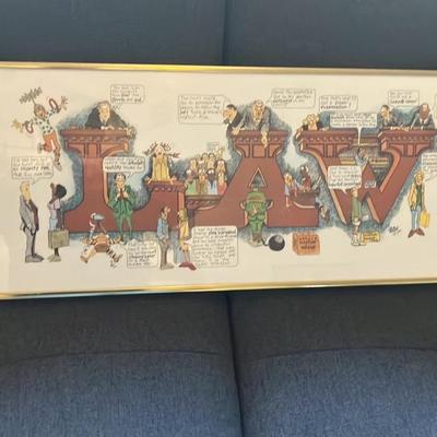 1981 Peter Mulcahy "LAW" Signed Framed Cartoon Print – Humorous Lawyer Satire Art
