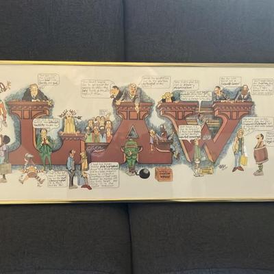 1981 Peter Mulcahy "LAW" Signed Framed Cartoon Print – Humorous Lawyer Satire Art
