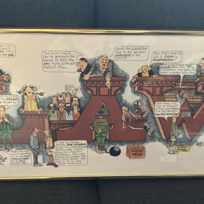 1981 Peter Mulcahy "LAW" Signed Framed Cartoon Print – Humorous Lawyer Satire Art