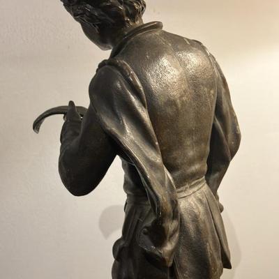 Antique French Spelter Bronze Sculpture - Young Street Singer Holding Sheet Music, 21"h