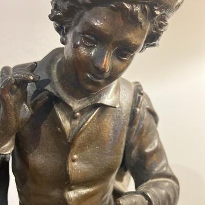 Antique French Spelter Bronze Sculpture - Young Street Singer Holding Sheet Music, 21"h