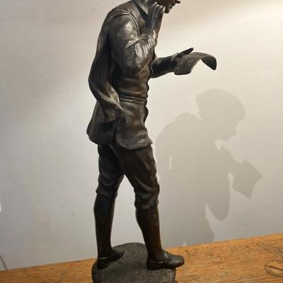 Antique French Spelter Bronze Sculpture - Young Street Singer Holding Sheet Music, 21"h