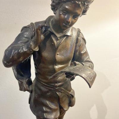 Antique French Spelter Bronze Sculpture - Young Street Singer Holding Sheet Music, 21"h