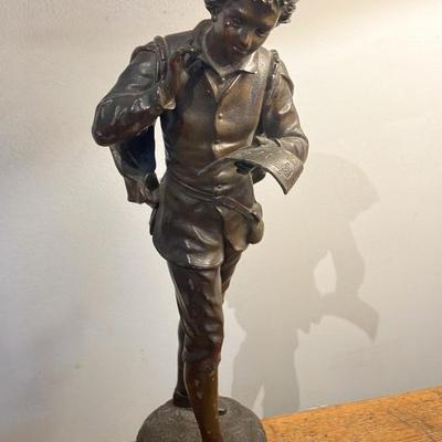Antique French Spelter Bronze Sculpture - Young Street Singer Holding Sheet Music, 21"h