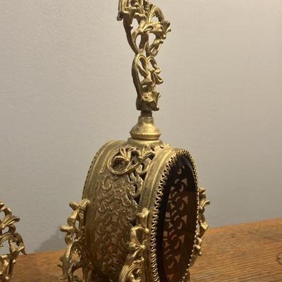 Pair of Vintage Hollywood Regency Ormolu Filigree Perfume Bottles - Gilded Gold