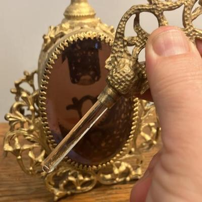 Pair of Vintage Hollywood Regency Ormolu Filigree Perfume Bottles - Gilded Gold