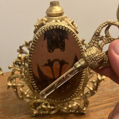 Pair of Vintage Hollywood Regency Ormolu Filigree Perfume Bottles - Gilded Gold