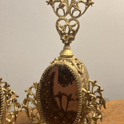 Pair of Vintage Hollywood Regency Ormolu Filigree Perfume Bottles - Gilded Gold