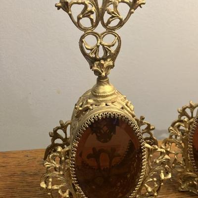 Pair of Vintage Hollywood Regency Ormolu Filigree Perfume Bottles - Gilded Gold