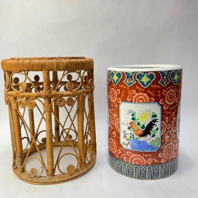 318 Ceramic Tall Oriental Style Umbrella Stand with Rattan Stool