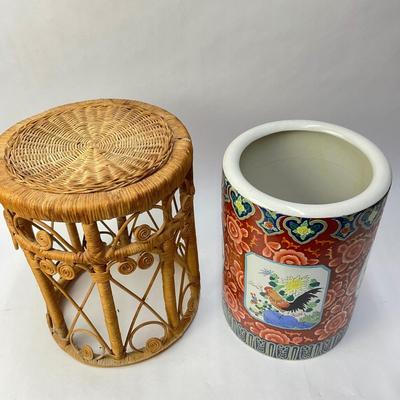 318 Ceramic Tall Oriental Style Umbrella Stand with Rattan Stool