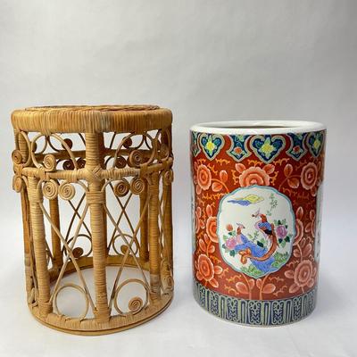 318 Ceramic Tall Oriental Style Umbrella Stand with Rattan Stool