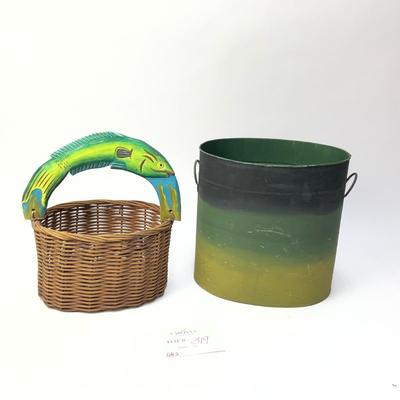 319 Fish Handled Basket with Handpainted Fish Metal Container