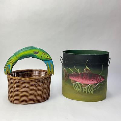 319 Fish Handled Basket with Handpainted Fish Metal Container