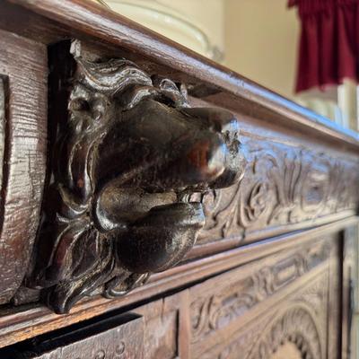 Antique Oak Lions Head Huntboard Sideboard