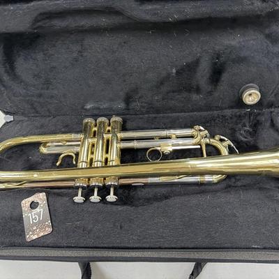 Sale Photo Thumbnail #162: Monoprice Pro-Audio is a general term for professional sound equipment.  
Includes mouthpiece and case.  
Note the multi color metals
Probably a Conn 22B Victor model, the keys have inset Mother of Pearl

Good condition, note the small dent   It is missin