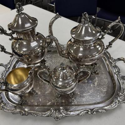 Sale Photo Thumbnail #177: Silver on Copper, with makers mark - Crown with BSC 
5 piece tea set with teapot, coffee pot, sugar, creamer, footed butler's tray 
Retails $150 to $400