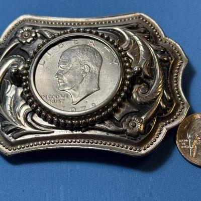 Vintage Mid-Century White-Metal Eisenhower Dollar Belt Buckle in Good Preowned Condition as Pictured.