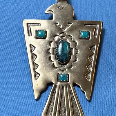 Vintage Mid-Century Nickel/Silver BELL TRADING POST Thunderbird Pendant 3" Tall w/Turquoise Accents as Pictured.