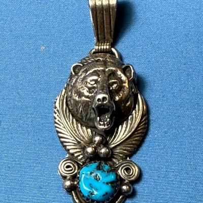NATIVE AMERICAN STERLING SILVER TURQUOISE/BEAR PENDANT PREOWNED FROM AN ESTATE AS PICTURED.