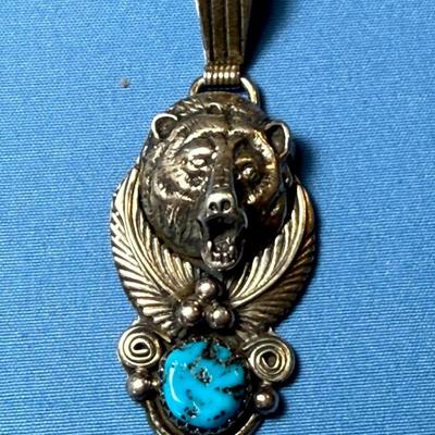 NATIVE AMERICAN STERLING SILVER TURQUOISE/BEAR PENDANT PREOWNED FROM AN ESTATE AS PICTURED.