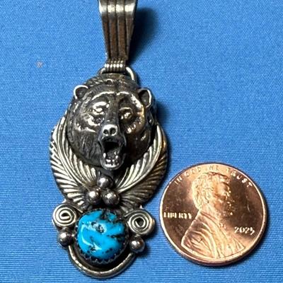 NATIVE AMERICAN STERLING SILVER TURQUOISE/BEAR PENDANT PREOWNED FROM AN ESTATE AS PICTURED.