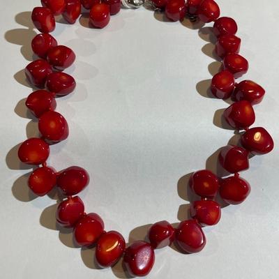 Chunky Red Coral Large Bead Necklace Sterling 925 Clasp, Lucas Lameth (LUC) 16-18" Adjustable Necklace in New Never Worn Condition.