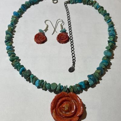 Carolyn Pollack Sterling Silver 925 Turquoise Coral Rose Pendant Necklace 16-20" Adjustable in VG Preowned Condition.