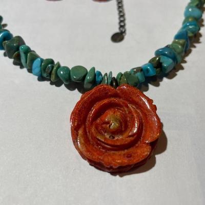 Carolyn Pollack Sterling Silver 925 Turquoise Coral Rose Pendant Necklace 16-20" Adjustable in VG Preowned Condition.