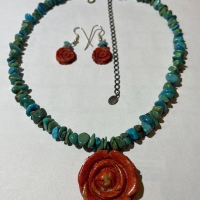 Carolyn Pollack Sterling Silver 925 Turquoise Coral Rose Pendant Necklace 16-20" Adjustable in VG Preowned Condition.