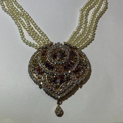 Vintage Indian Wedding Bridal Gold Plated Faux Pearl & Colored Stone Necklace 22"+ Plus & Adjustable in Good Preowned...
