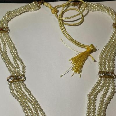 Vintage Indian Wedding Bridal Gold Plated Faux Pearl & Colored Stone Necklace 22"+ Plus & Adjustable in Good Preowned...