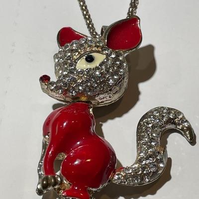 Vintage Rhinestone & Enamel Rudolph the Red Nose Reindeer Pendant 2.5" Tall on a 28" Fashion Chain in Good Preowned Condition.